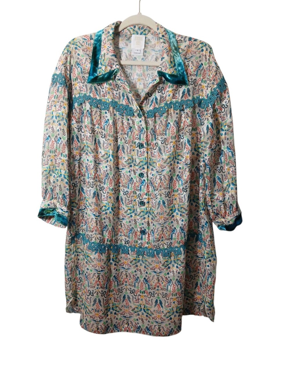 Anna Sui Floral Bird Print Dress with Velvet Teal Trim Size Large
